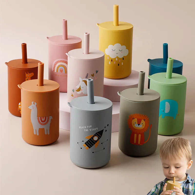 Baby Feeding Straw Cup Baby Cartoon Learning Feeding Cup Food Grade Silicone Toddler Water Bottle Tableware