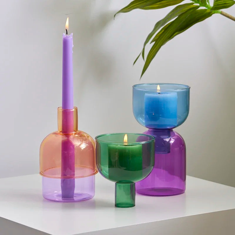 Candle Holder for Pillar Candles Stand. Colorful Glass Flower Vase Decorative Bottle Jar