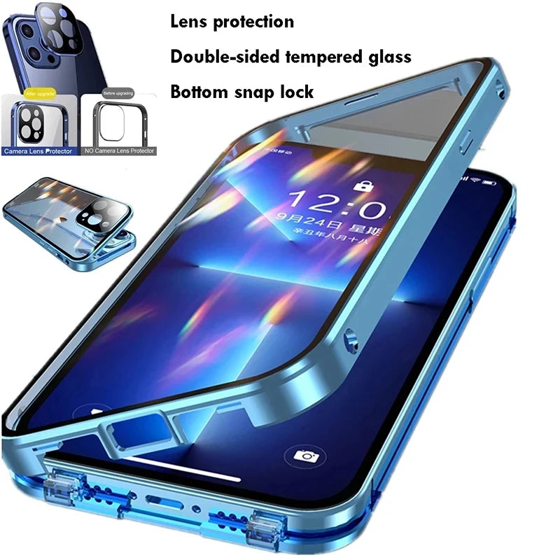 Metal Magnetic Double Sided Glass Snap Lock Case For iPhone