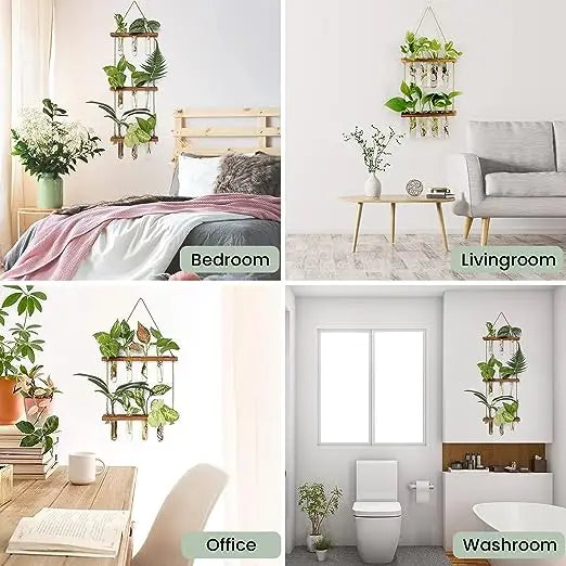 Wall Hanging Test Tube, Glass Planter Plant Vase with Wooden Stand &amp; Strings Rope