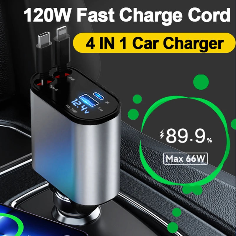 4 IN 1 Retractable Car Charger USB Type C Cable For IPhone Samsung