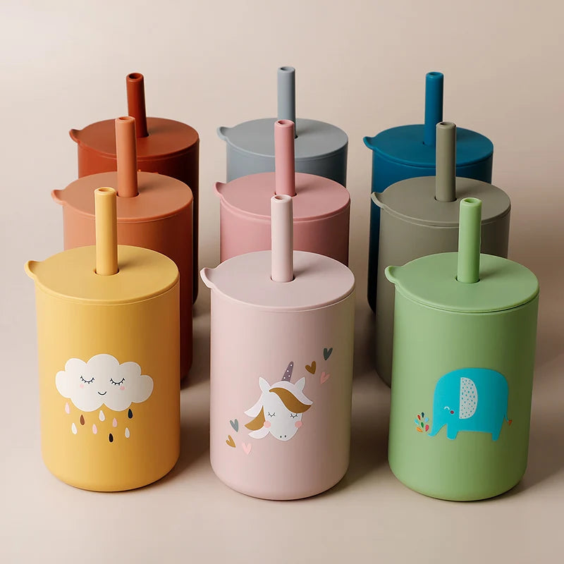 Baby Feeding Straw Cup Baby Cartoon Learning Feeding Cup Food Grade Silicone Toddler Water Bottle Tableware