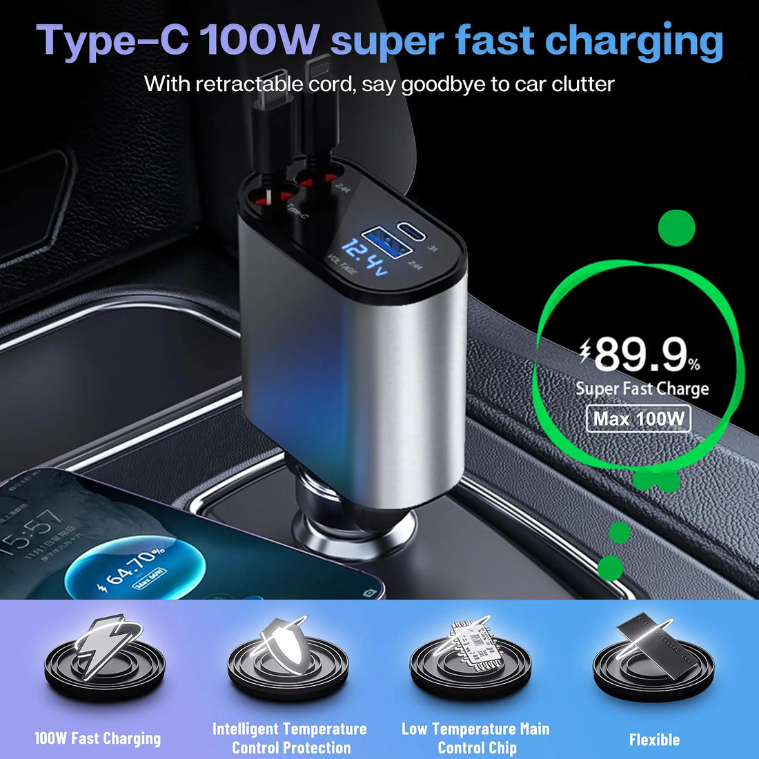 4 IN 1 Retractable Car Charger USB Type C Cable For IPhone Samsung