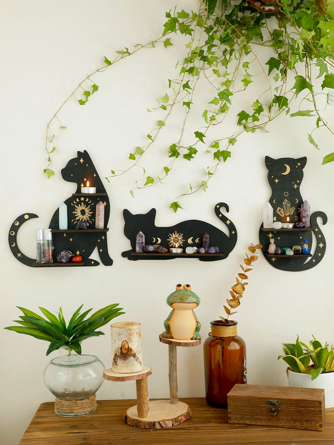 Black Cat Wooden Shelf Floating Shelf Chakra Crystal Holder Stone