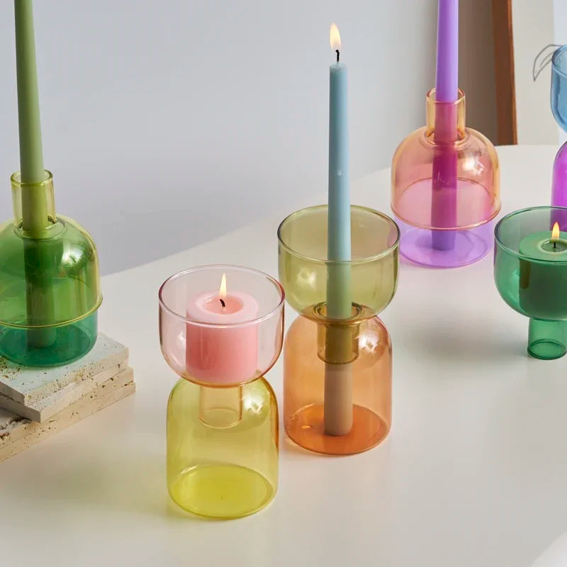 Candle Holder for Pillar Candles Stand. Colorful Glass Flower Vase Decorative Bottle Jar